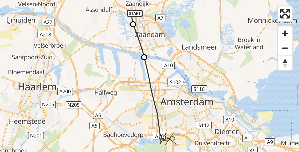 Routekaart van de vlucht: Lifeliner 1 naar Amsterdam