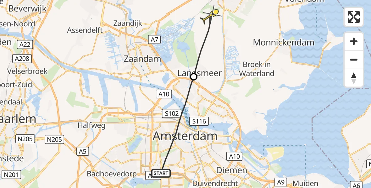 Routekaart van de vlucht: Lifeliner 1 naar Landsmeer