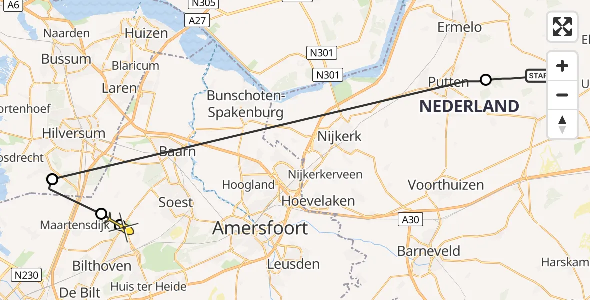 Routekaart van de vlucht: Lifeliner 1 naar Den Dolder