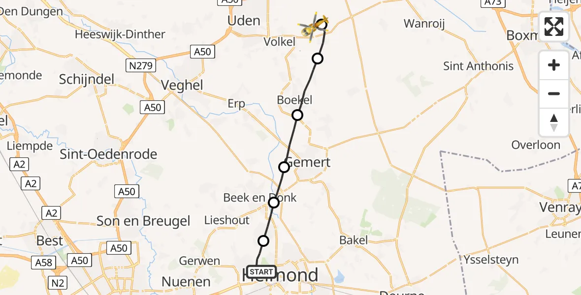 Vluchtroute Traumahelikopter Helmond - Volkel, 04 april 2022, 11:17