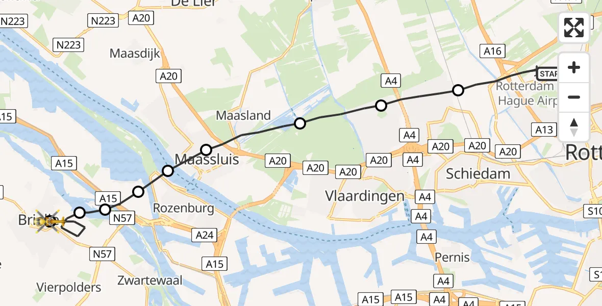 Vluchtroute Traumahelikopter Rotterdam - Brielle, 04 april 2022, 15:09