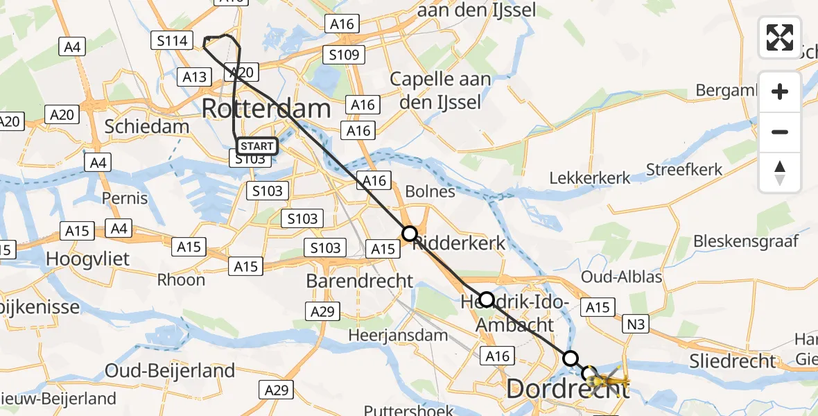 Vluchtroute Traumahelikopter Rotterdam - Dordrecht, 04 april 2022, 16:32