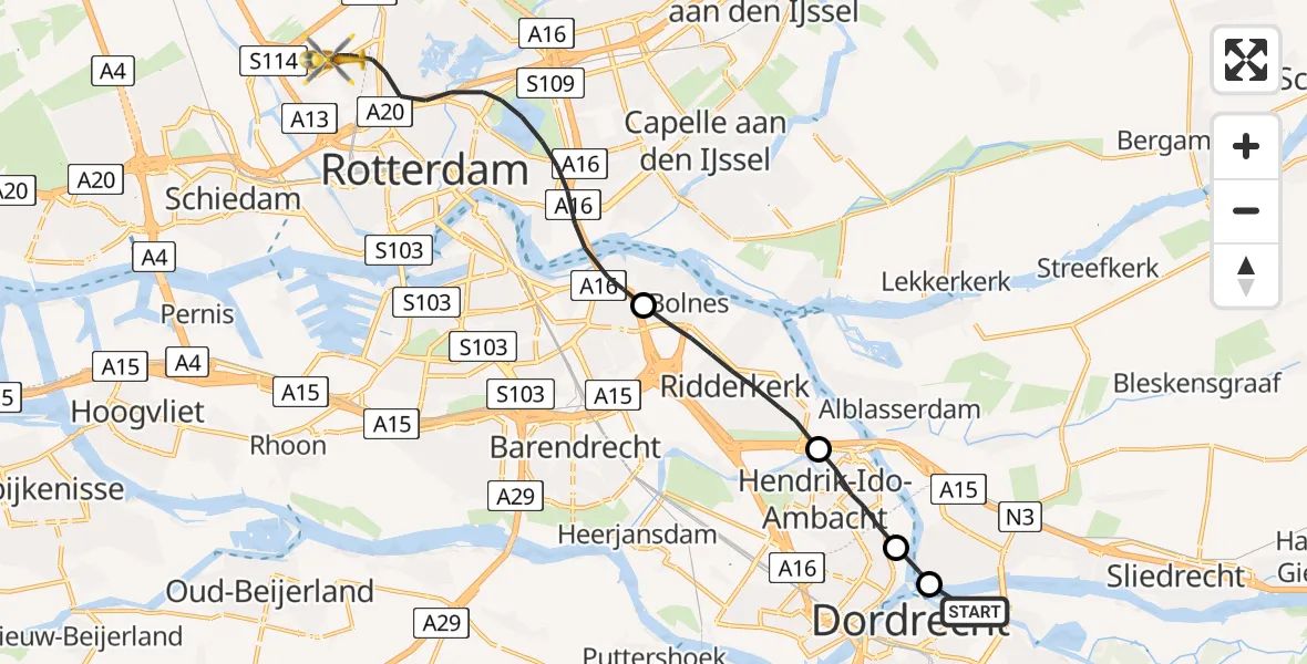 Vluchtroute Traumahelikopter Dordrecht - Rotterdam, 04 april 2022, 17:09