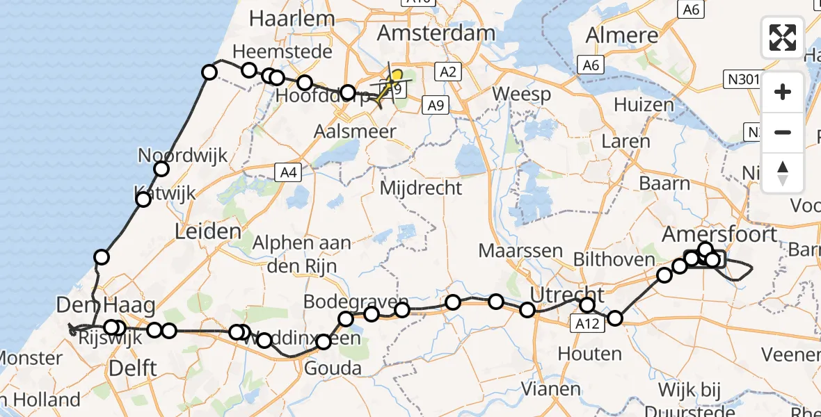 Routekaart van de vlucht: Politieheli naar Schiphol