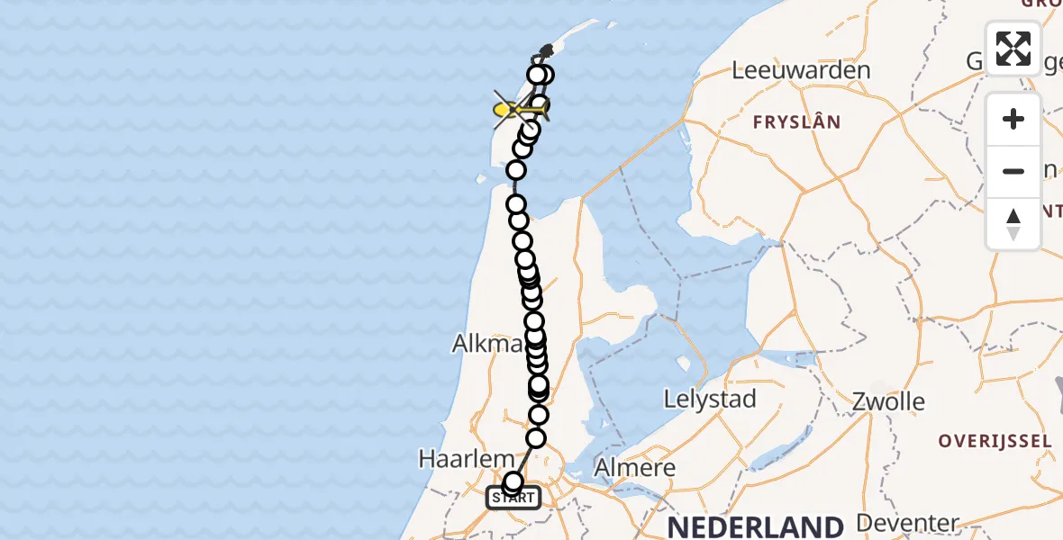 Routekaart van de vlucht: Politiehelikopter naar De Cocksdorp