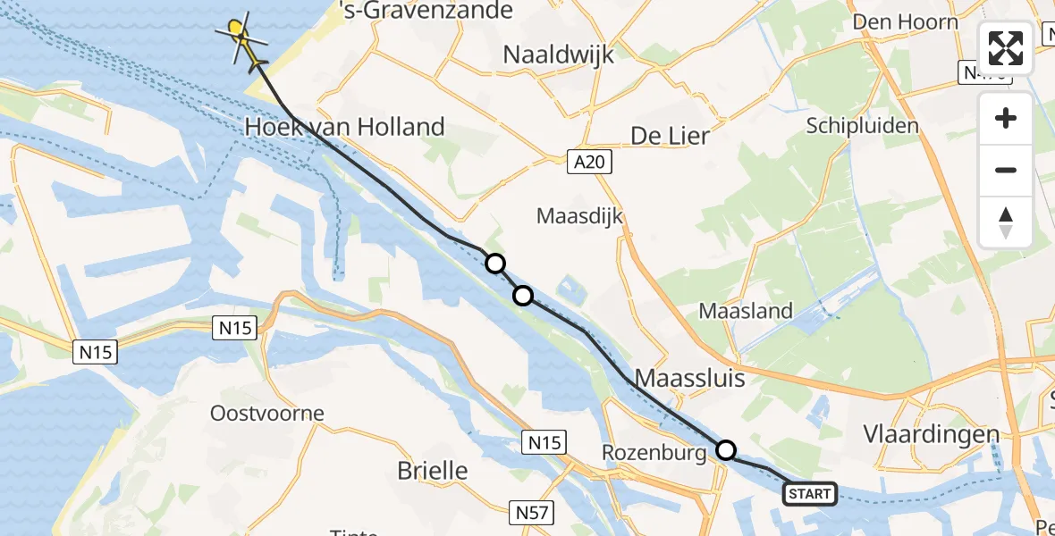 Routekaart van de vlucht: Politiehelikopter naar Hoek van Holland