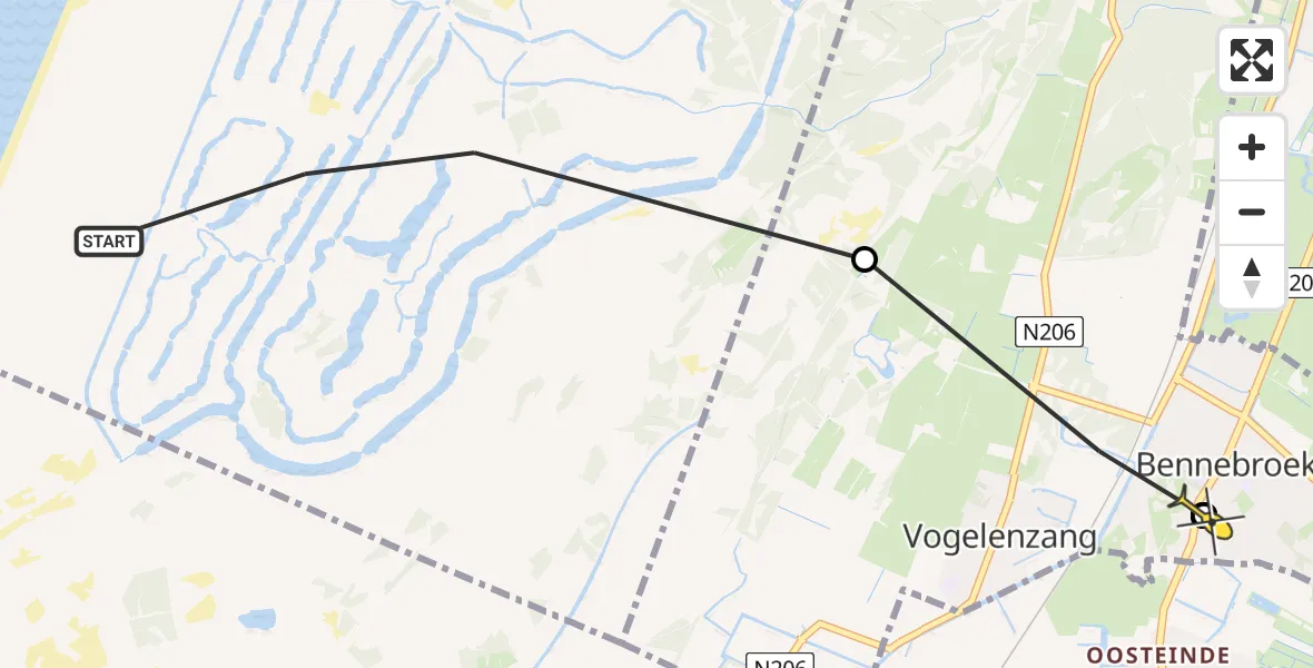 Routekaart van de vlucht: Politiehelikopter naar Bennebroek
