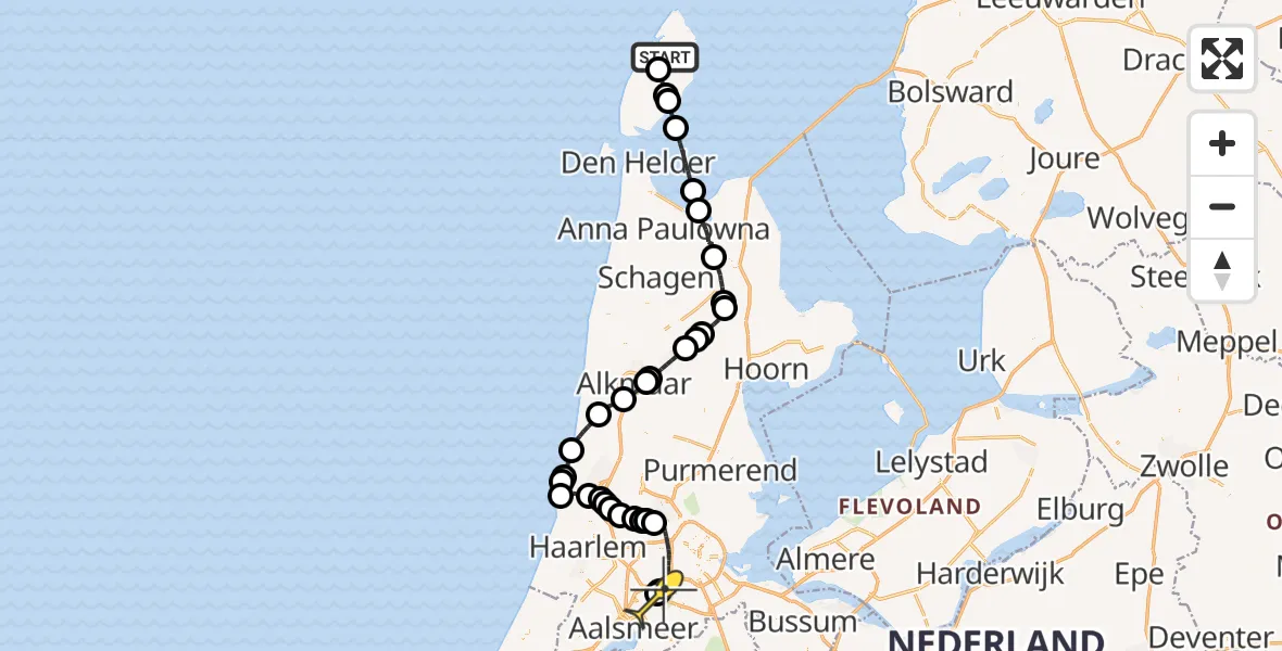 Routekaart van de vlucht: Politieheli naar Schiphol