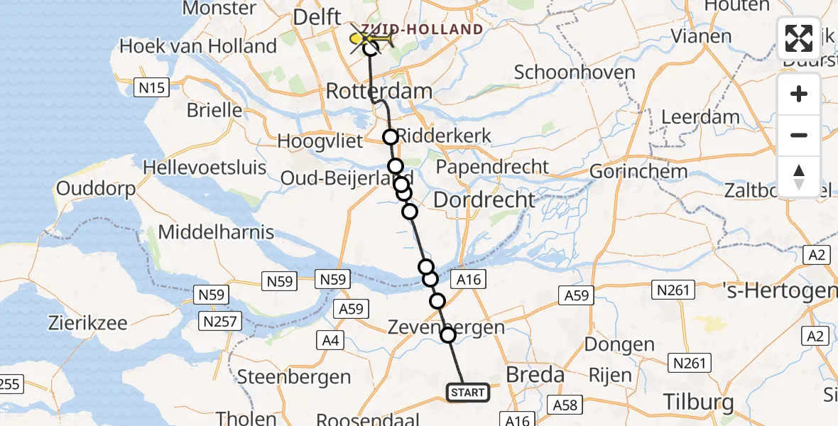 Routekaart van de vlucht: Lifeliner 2 naar Berkel en Rodenrijs