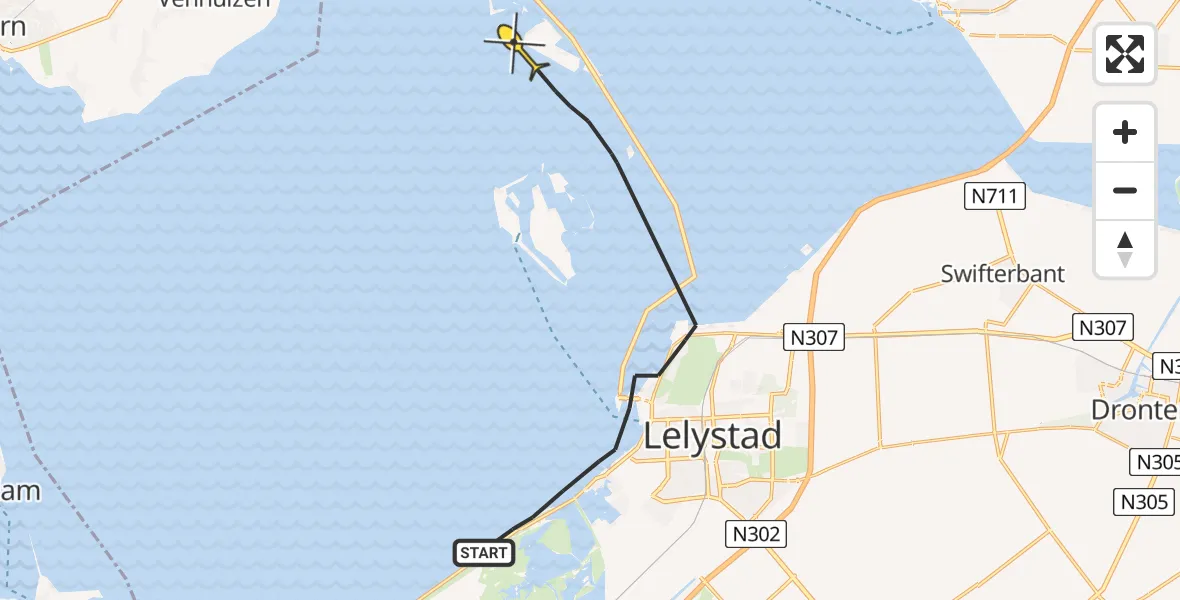 Routekaart van de vlucht: Politieheli naar Lelystad