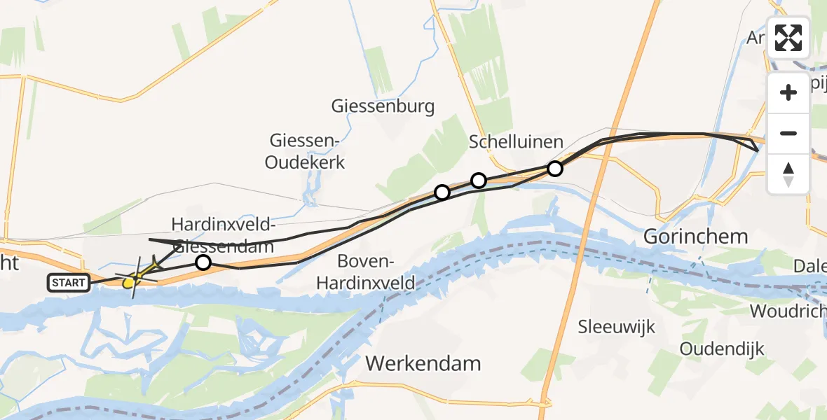 Routekaart van de vlucht: Politieheli naar Hardinxveld-Giessendam