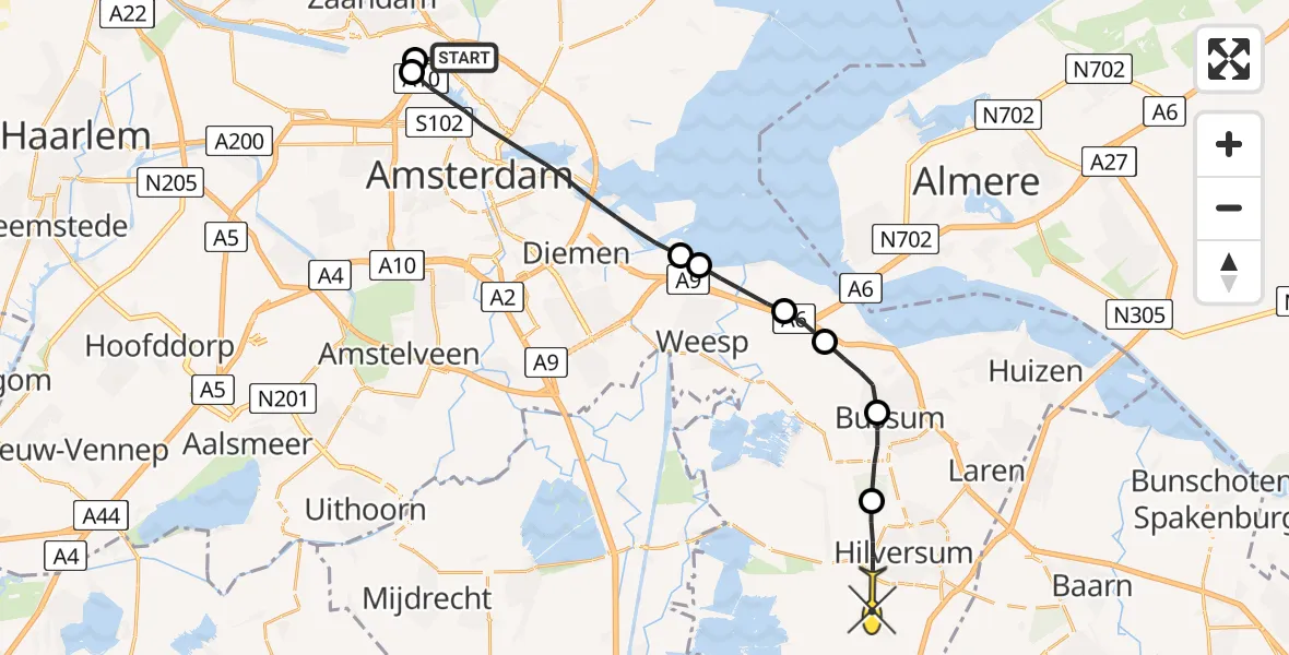 Routekaart van de vlucht: Lifeliner 1 naar Hilversum