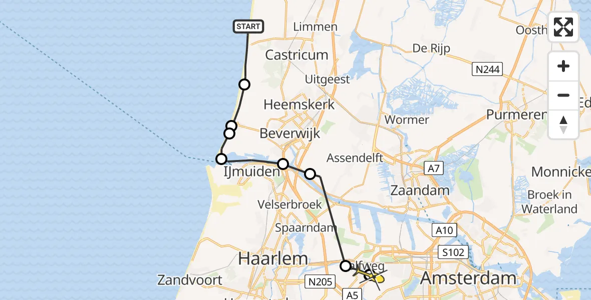 Routekaart van de vlucht: Politieheli naar Amsterdam