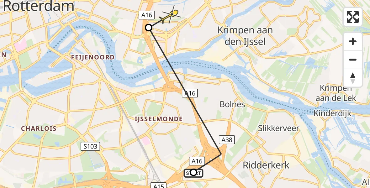 Routekaart van de vlucht: Politieheli naar Rotterdam