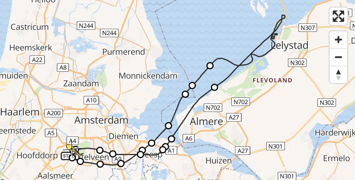 Routekaart van de vlucht: Politieheli naar Schiphol