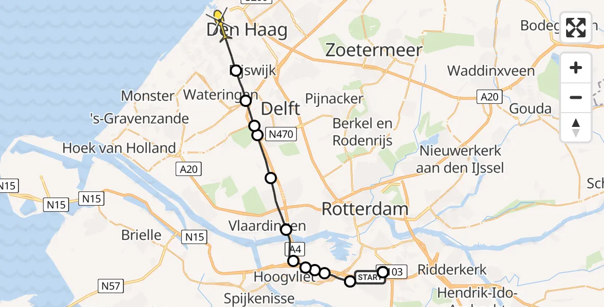 Routekaart van de vlucht: Politieheli naar Den Haag