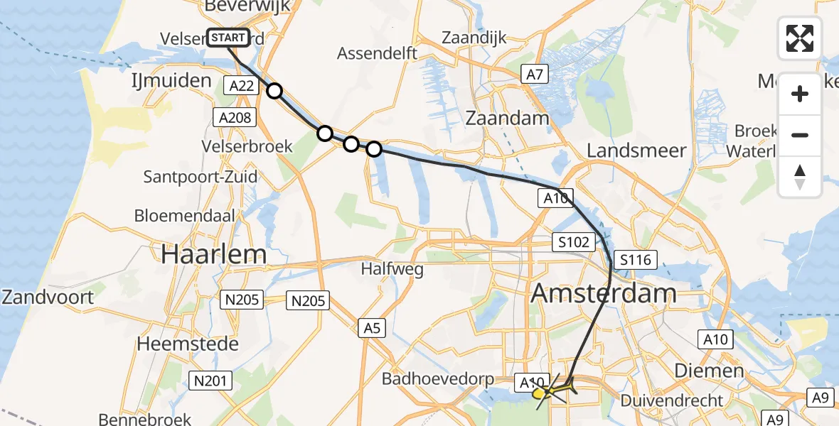 Routekaart van de vlucht: Lifeliner 1 naar Amsterdam