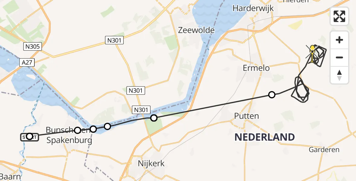 Routekaart van de vlucht: Politieheli naar Ermelo