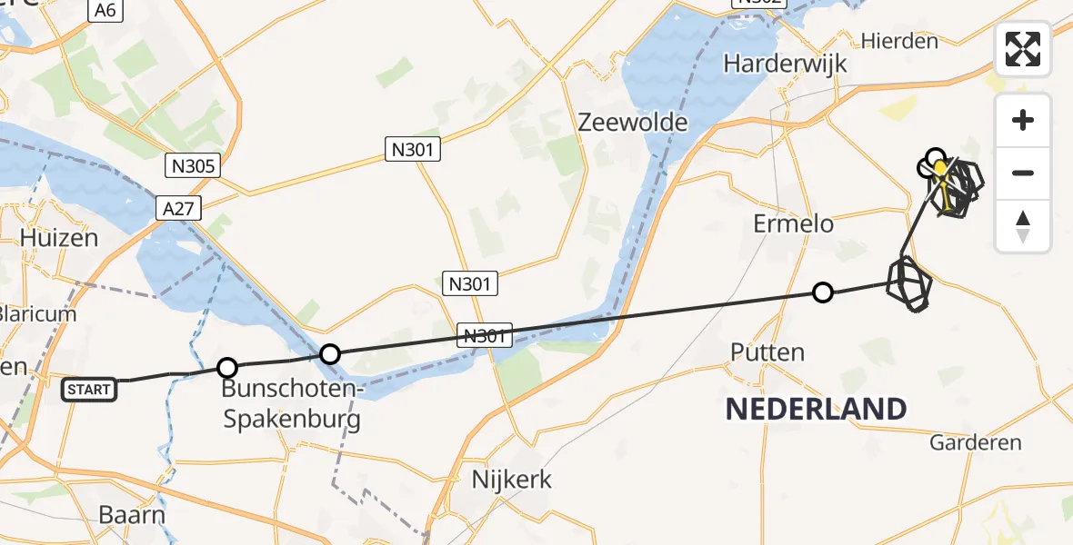 Routekaart van de vlucht: Politiehelikopter naar Ermelo