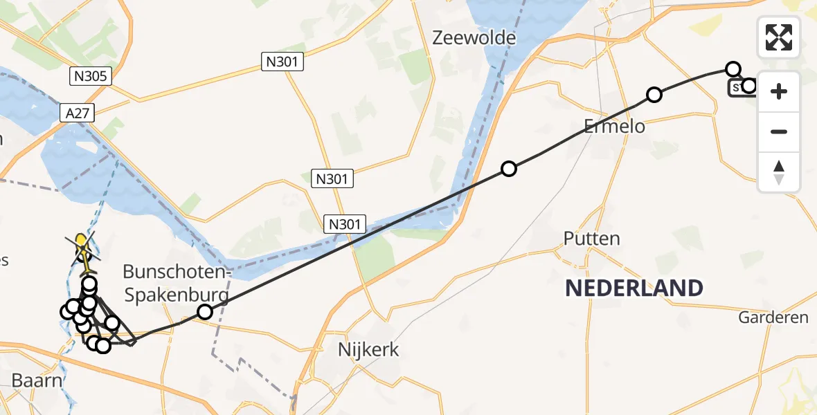 Routekaart van de vlucht: Politiehelikopter naar Eemnes