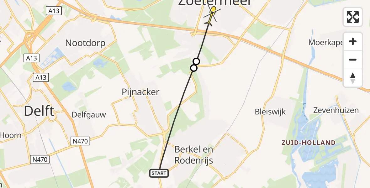 Routekaart van de vlucht: Politieheli naar Zoetermeer