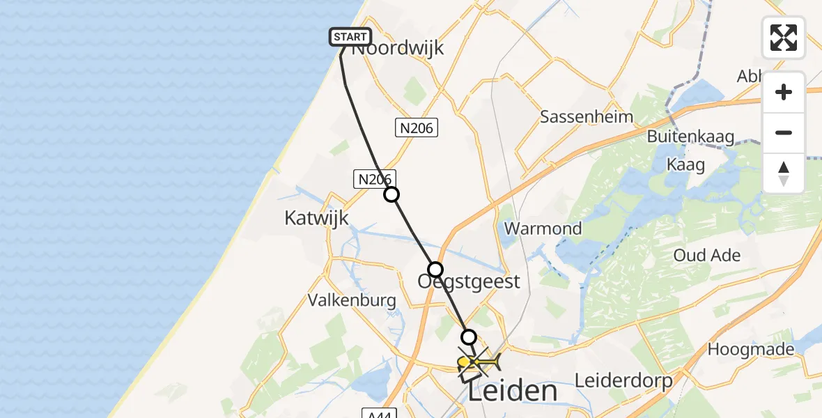 Routekaart van de vlucht: Lifeliner 1 naar Leiden