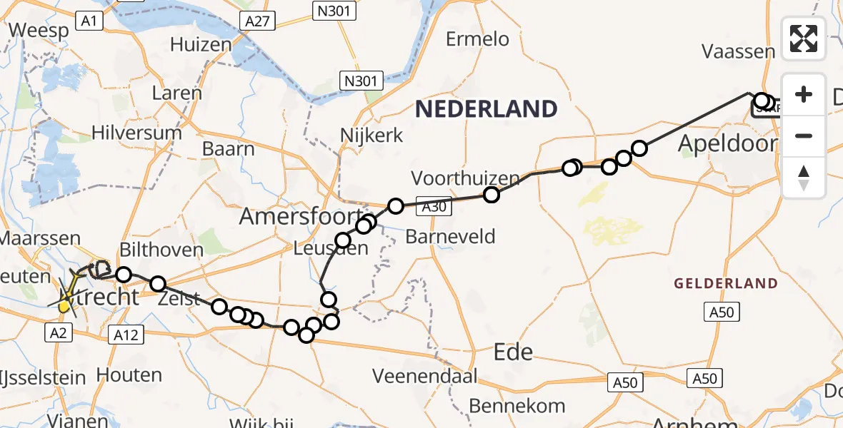 Routekaart van de vlucht: Politieheli naar Utrecht