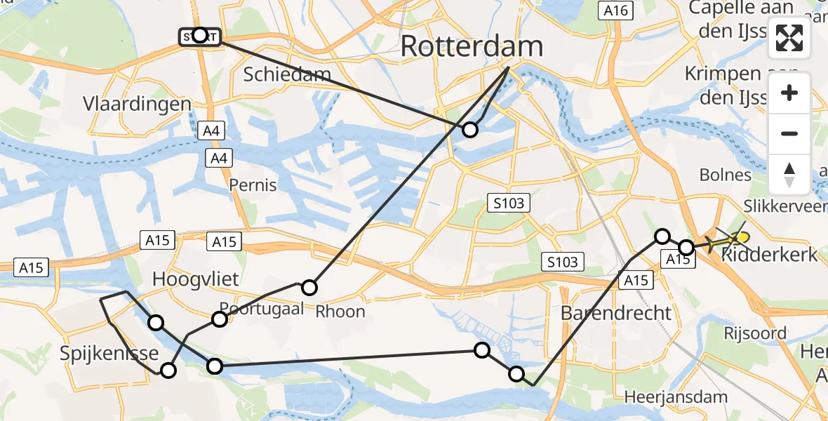 Routekaart van de vlucht: Politieheli naar Ridderkerk