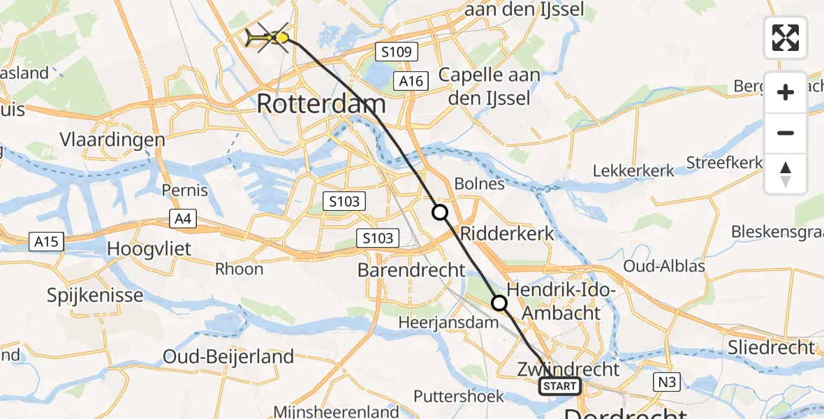 Routekaart van de vlucht: Lifeliner 2 naar Rotterdam