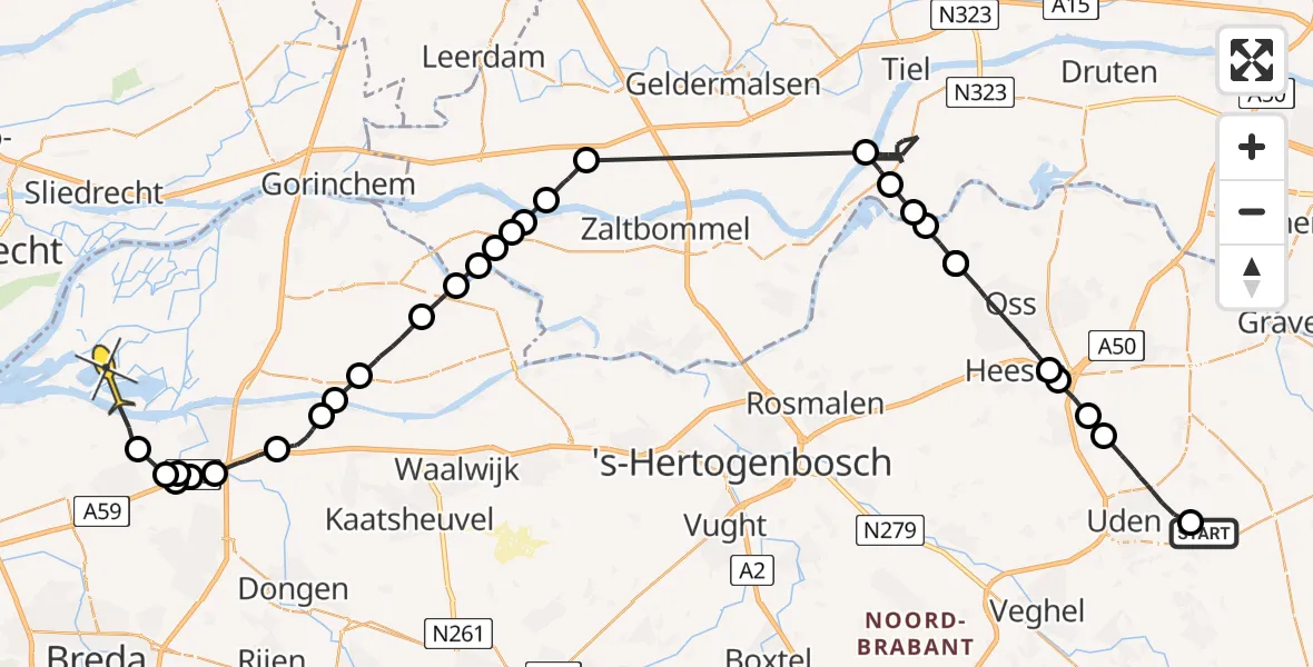 Routekaart van de vlucht: Politieheli naar Drimmelen