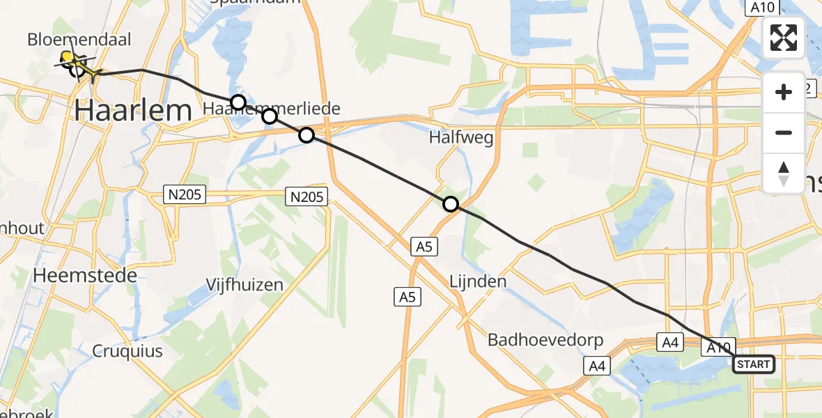 Routekaart van de vlucht: Lifeliner 1 naar Bloemendaal