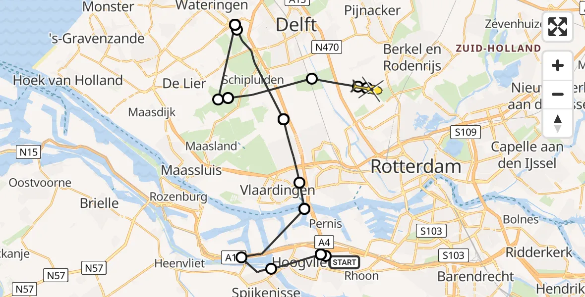 Routekaart van de vlucht: Politiehelikopter naar Rotterdam