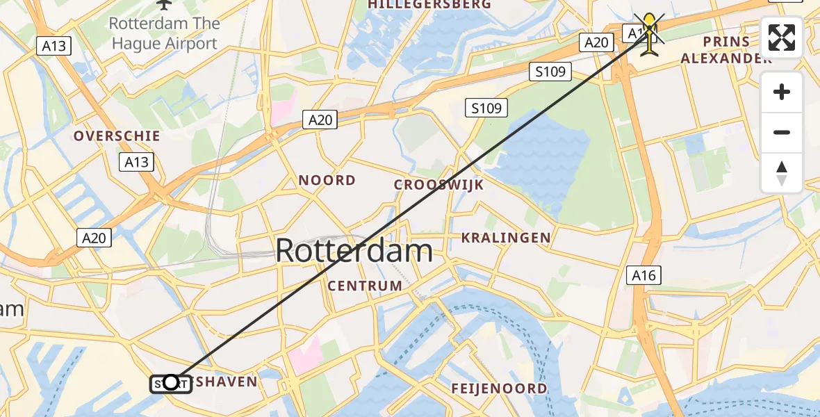 Vluchtroute Politiehelikopter van Rotterdam naar Rotterdam