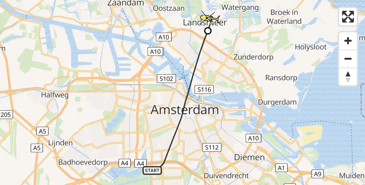 Routekaart van de vlucht: Lifeliner 1 naar Landsmeer