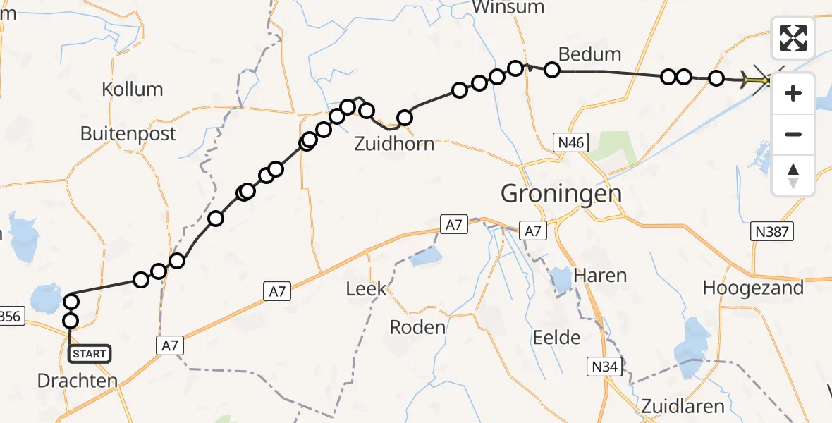 Routekaart van de vlucht: Politiehelikopter naar Ten Post
