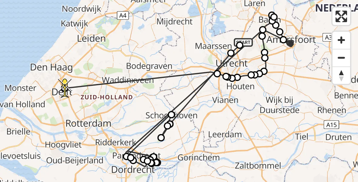 Routekaart van de vlucht: Politieheli naar Delft