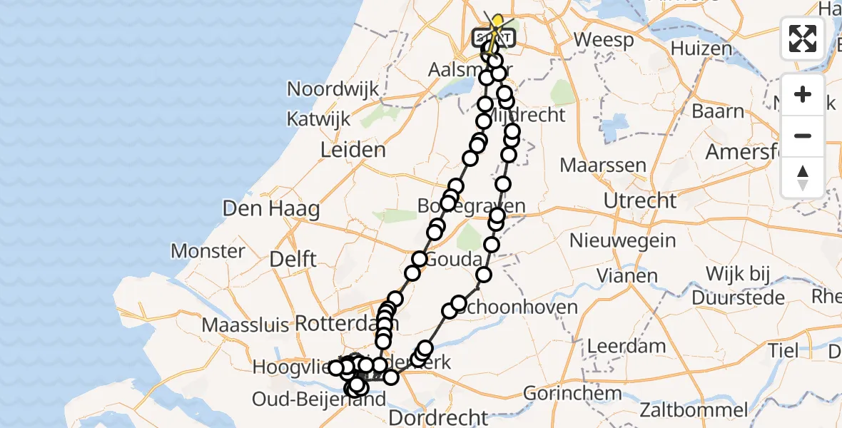 Routekaart van de vlucht: Politieheli naar Schiphol