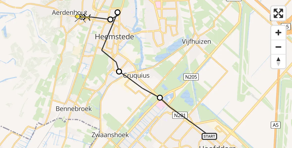 Routekaart van de vlucht: Politieheli naar Aerdenhout