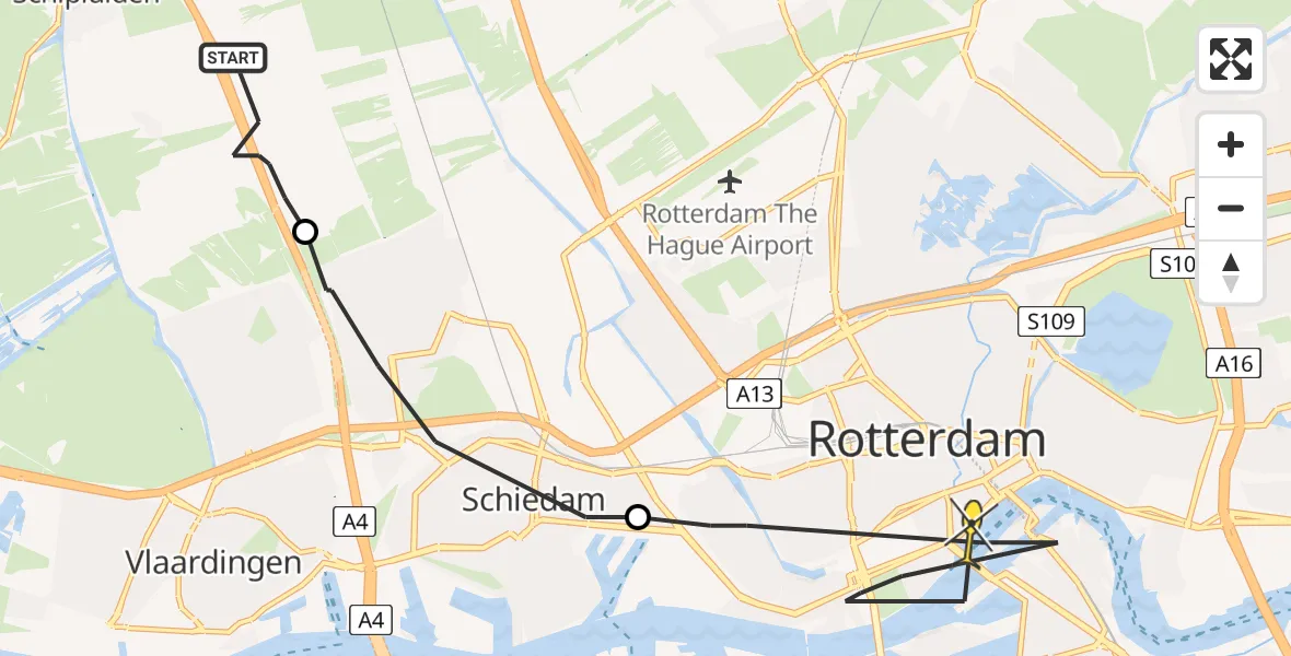 Routekaart van de vlucht: Politieheli naar Rotterdam