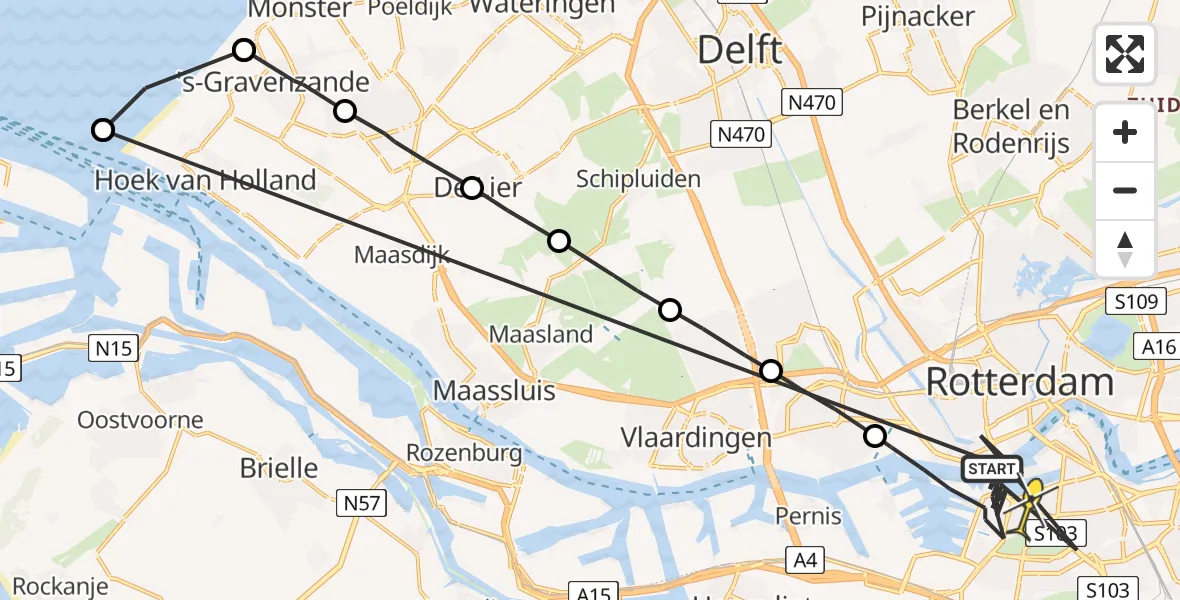 Routekaart van de vlucht: Politieheli naar Rotterdam