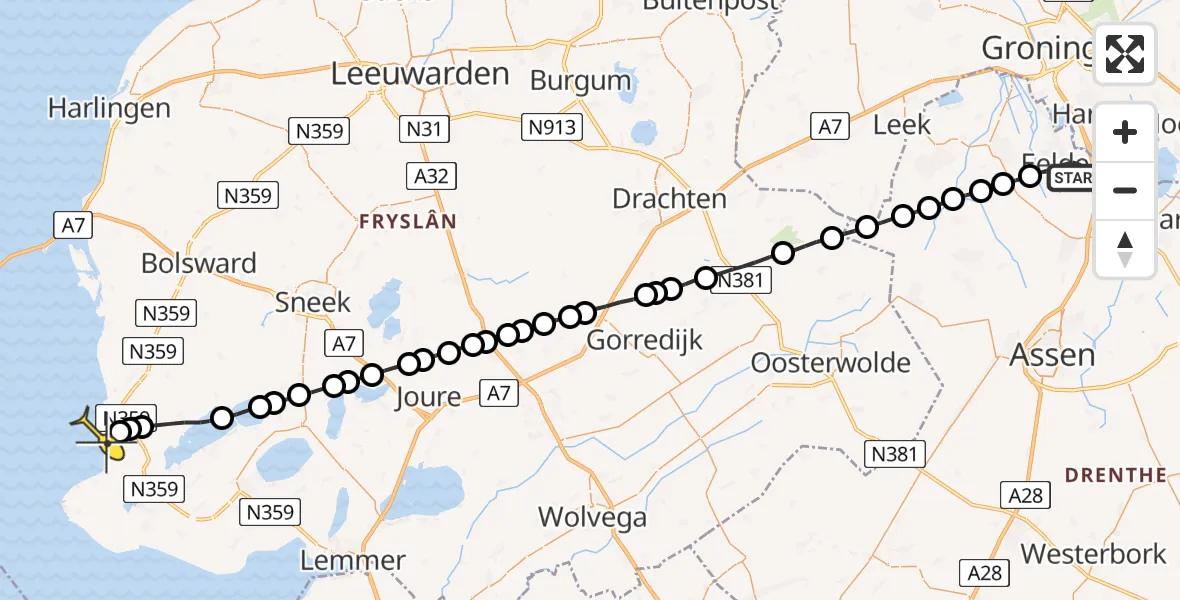 Routekaart van de vlucht: Lifeliner 4 naar Hindeloopen