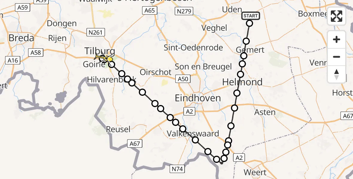 Routekaart van de vlucht: Lifeliner 3 naar Tilburg