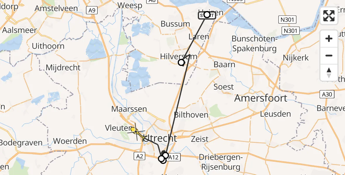 Routekaart van de vlucht: Politiehelikopter naar Utrecht