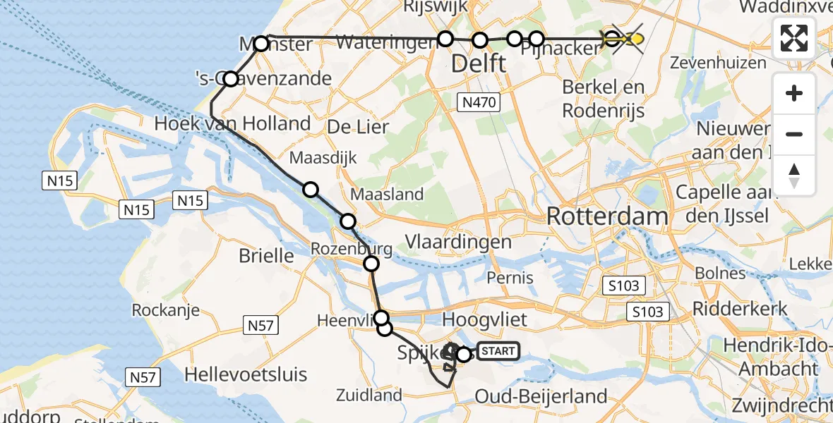 Routekaart van de vlucht: Politiehelikopter naar Berkel en Rodenrijs