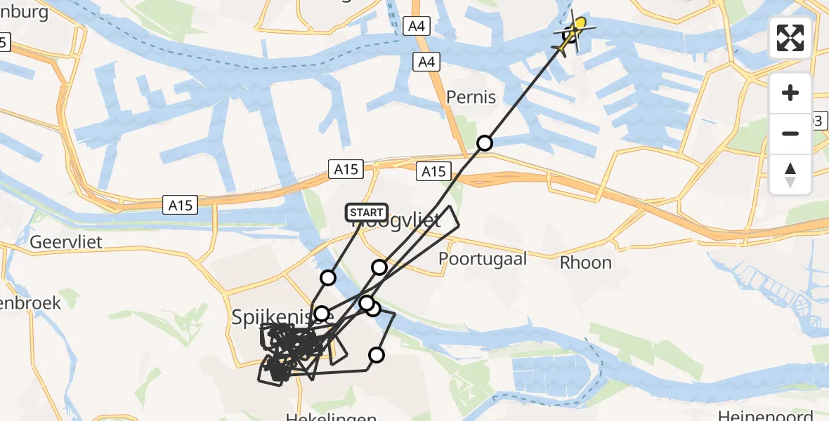 Routekaart van de vlucht: Politieheli naar Rotterdam