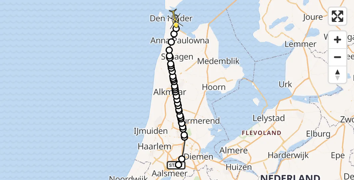 Routekaart van de vlucht: Politiehelikopter naar Den Helder