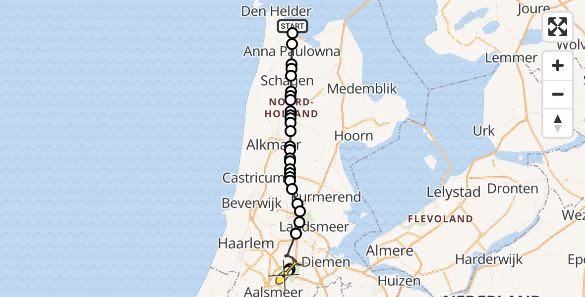 Routekaart van de vlucht: Politieheli naar Schiphol