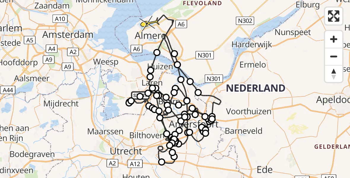 Routekaart van de vlucht: Politieheli naar Almere