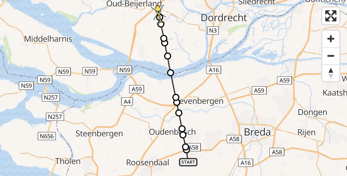 Routekaart van de vlucht: Politiehelikopter naar Mijnsheerenland