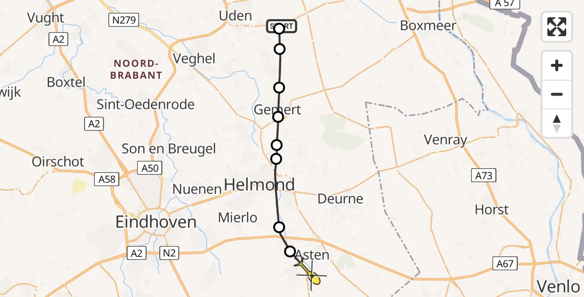Routekaart van de vlucht: Politieheli naar Asten